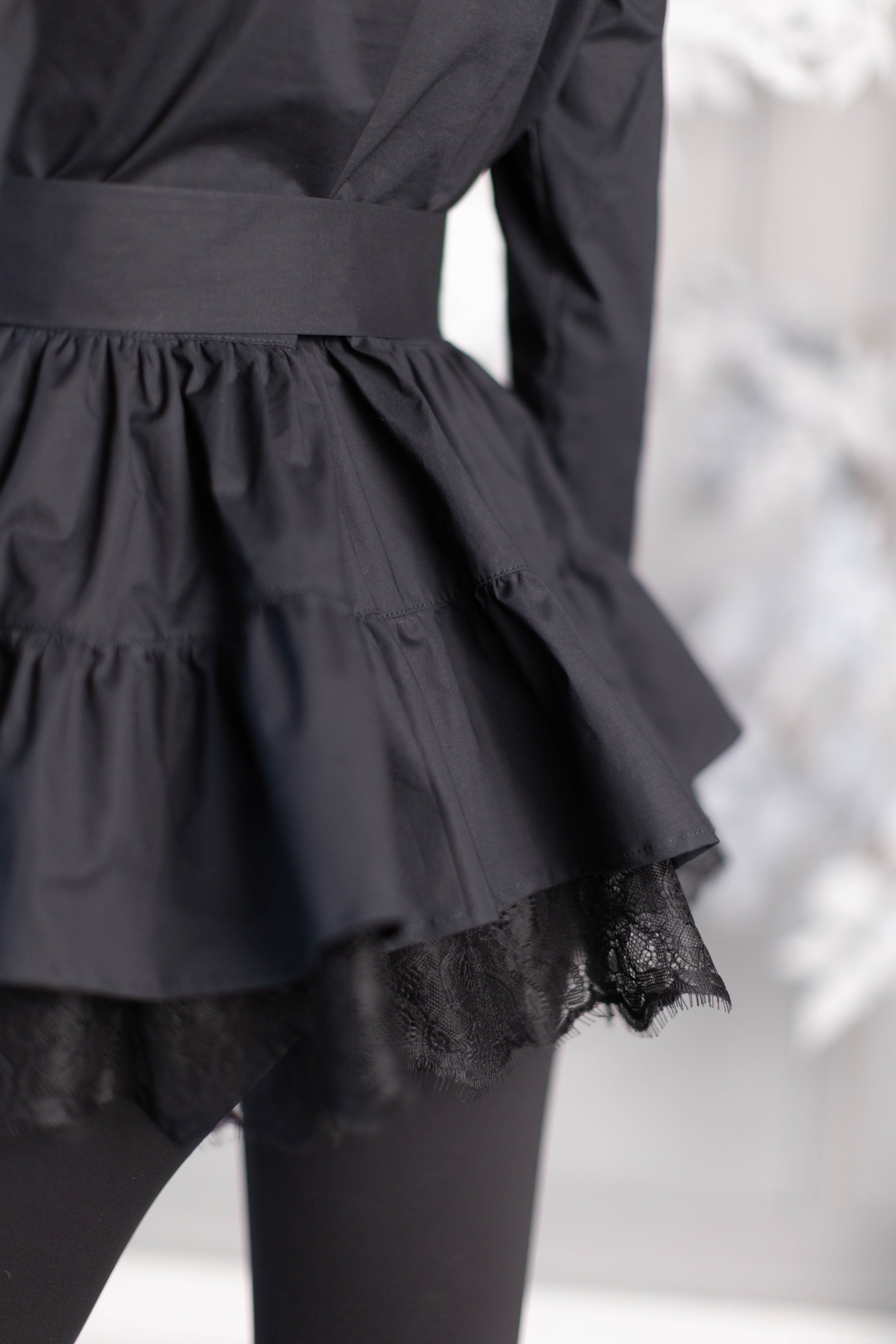 Cotton W. Black Shirt with Ruffles and Black Lace 