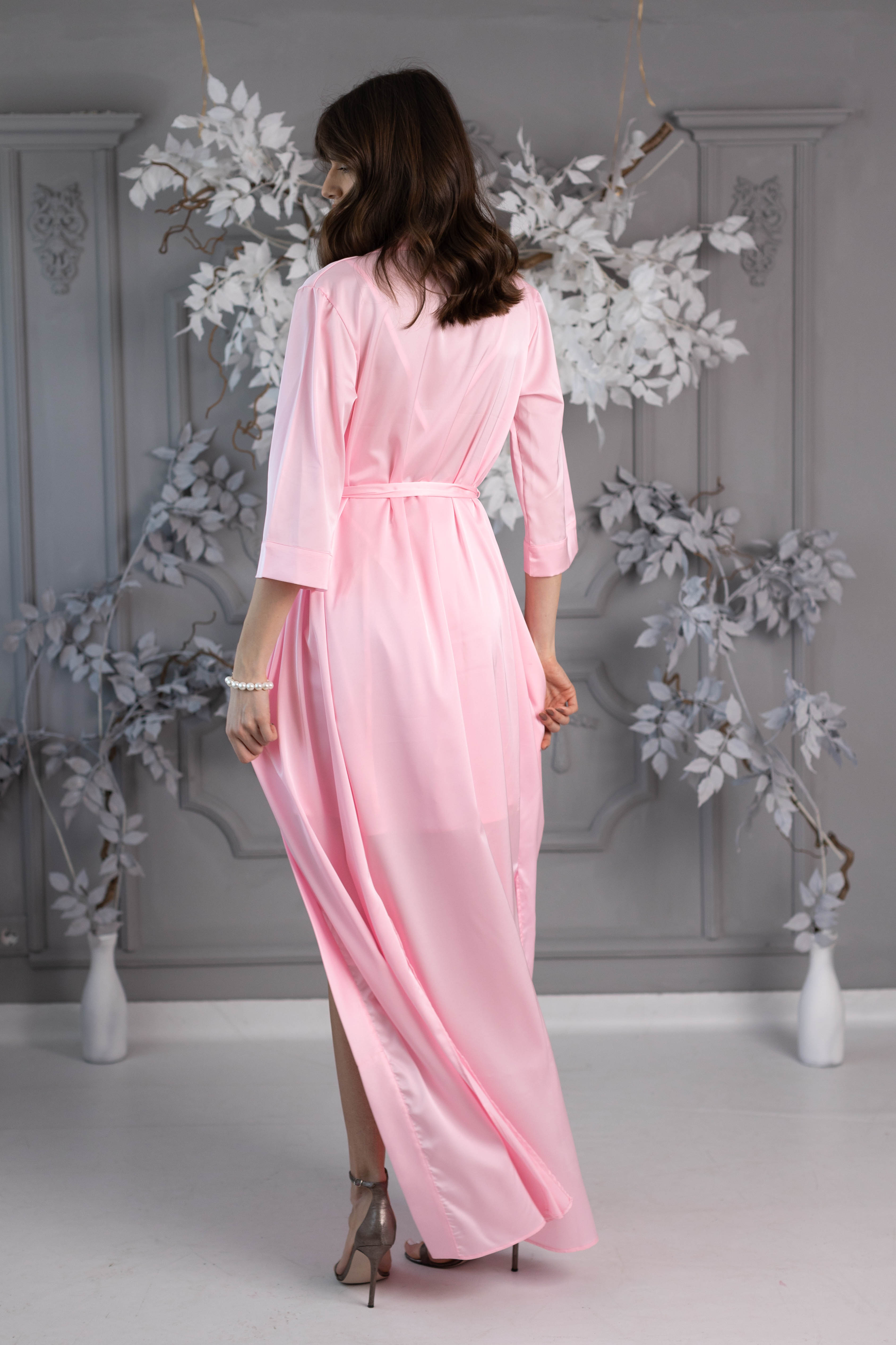 Set Satin Wave Long Robe + Backless Dress Baby Pink