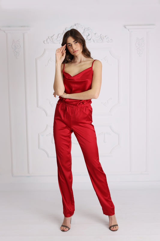 Set Satin Wave - Red Long Pants with Top