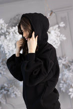 Load image into Gallery viewer, &quot;Blush&quot; Hoodie with Crystals, Open Back, and Bell Sleeves, Black