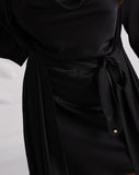 Conjunto Bata Corta Ondas Satén + Vestido Negro Espalda Descubierta