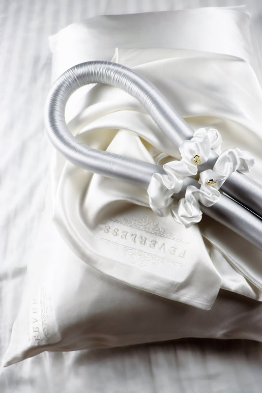 Glowing Hair & Skin SET - STANDARD Size Curling Kit + 1 FeverLess Pillowcase in White Natural Silk