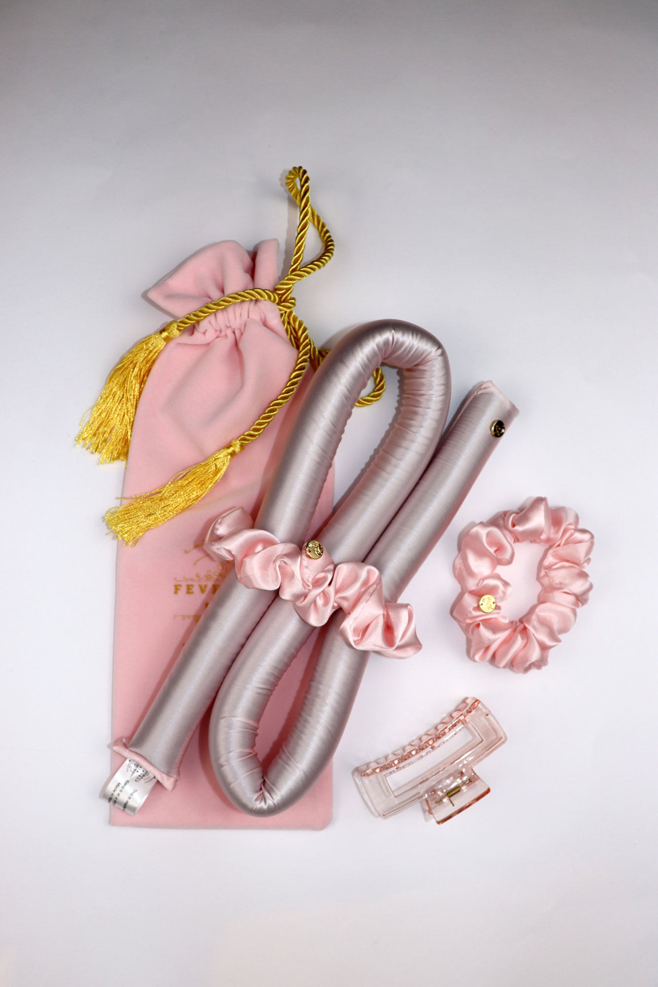 Rizador estándar sin calor, elásticos de seda natural rosa claro.